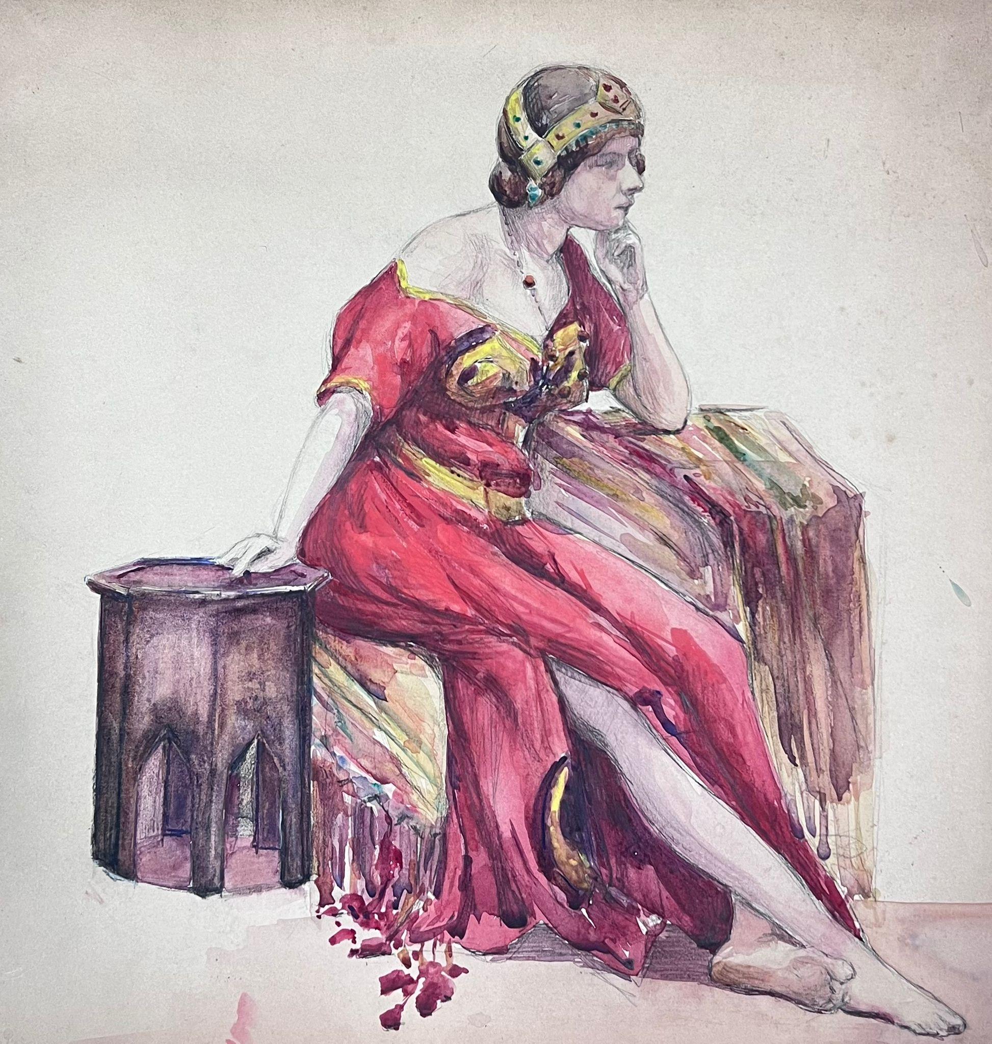 Louise Alix Portrait Painting – Lady In einem ägyptischen roten schulterfreien Kleid mit Posed