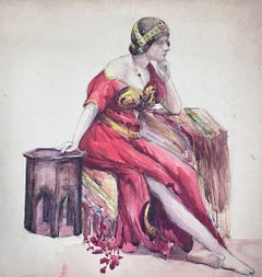 Lady In an Egyptian Red Off The Shoulder Dress Posed