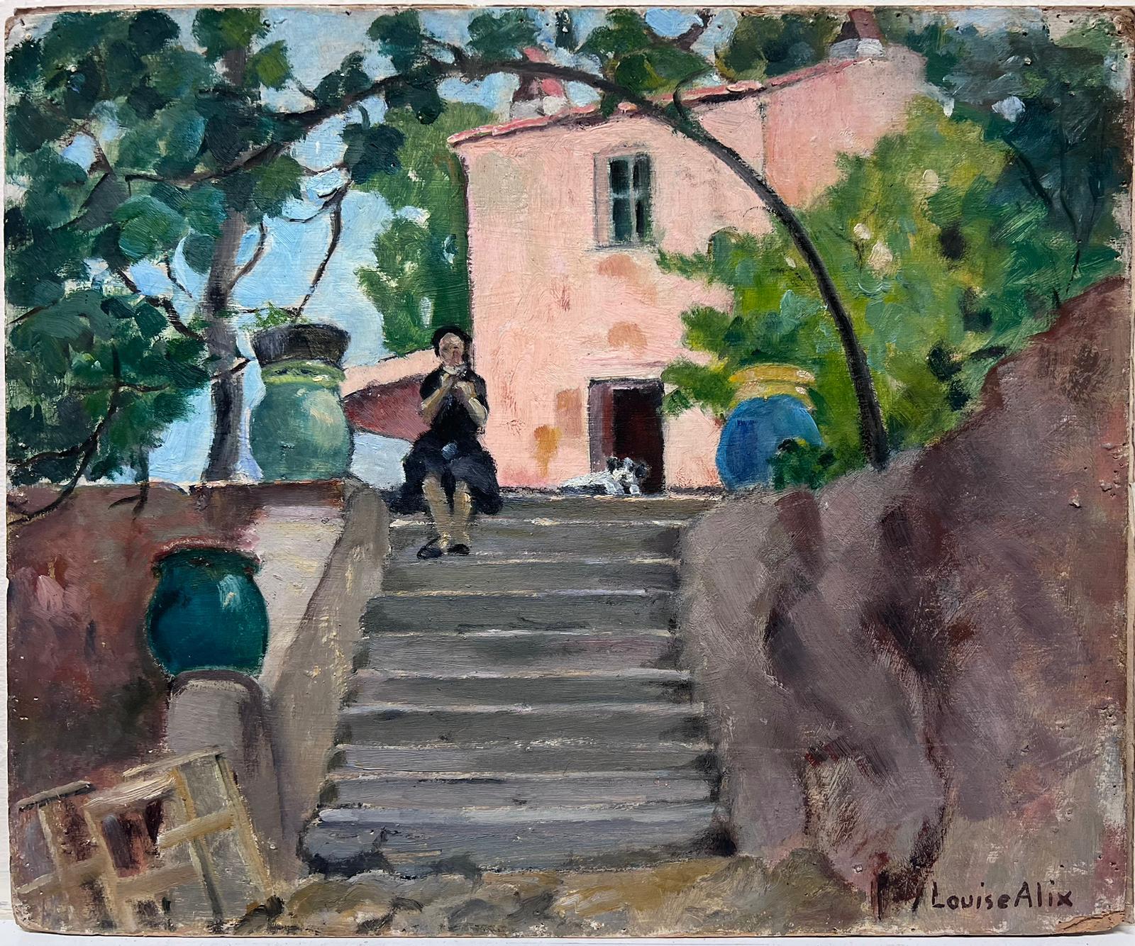 Dama Sentada En La Escalera Del Castillo Francés Rosa Paisaje - Painting de Louise Alix