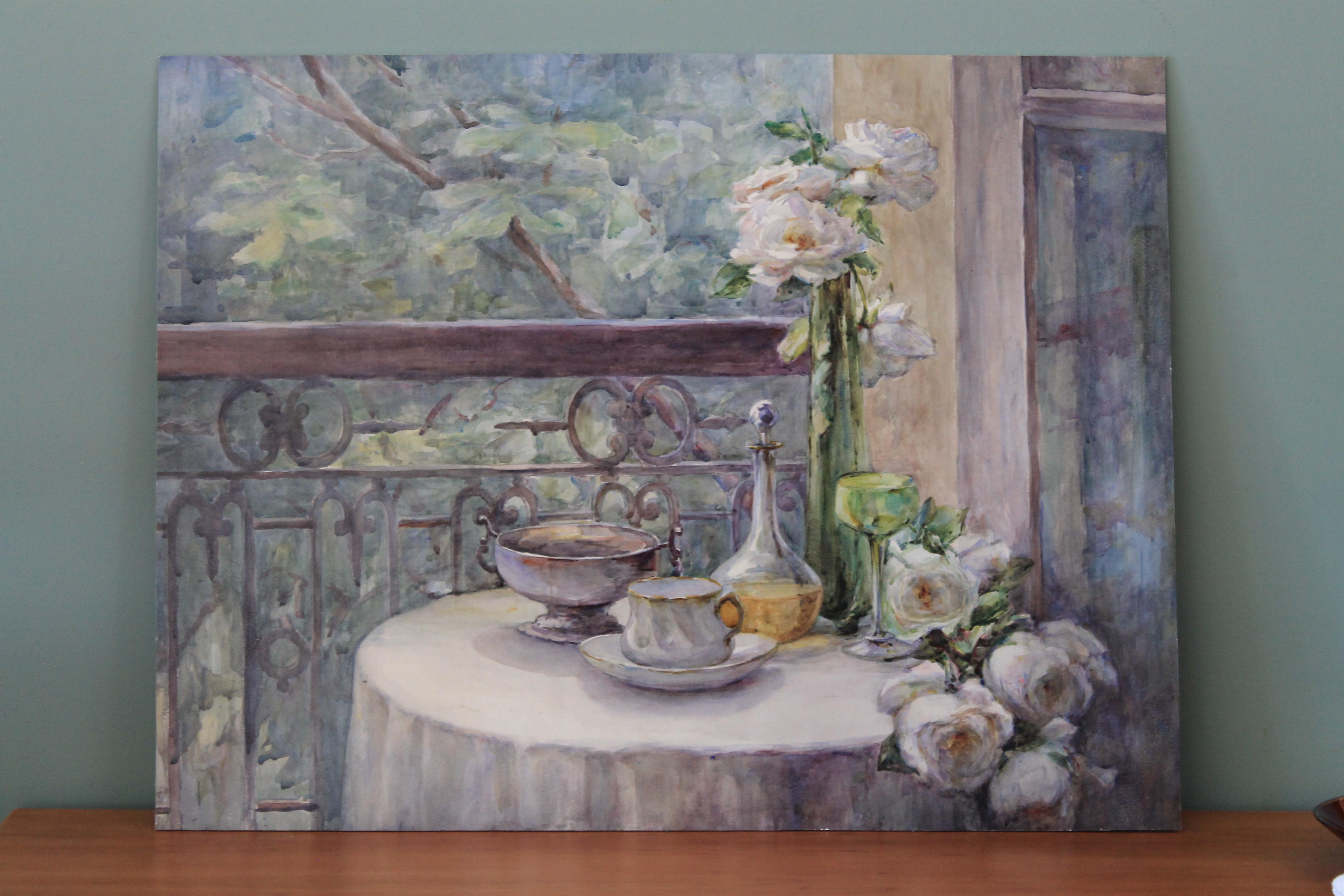 Large 1920's impressionist watercolour and gouache painting of a garden terrace - Painting by Louise Alix