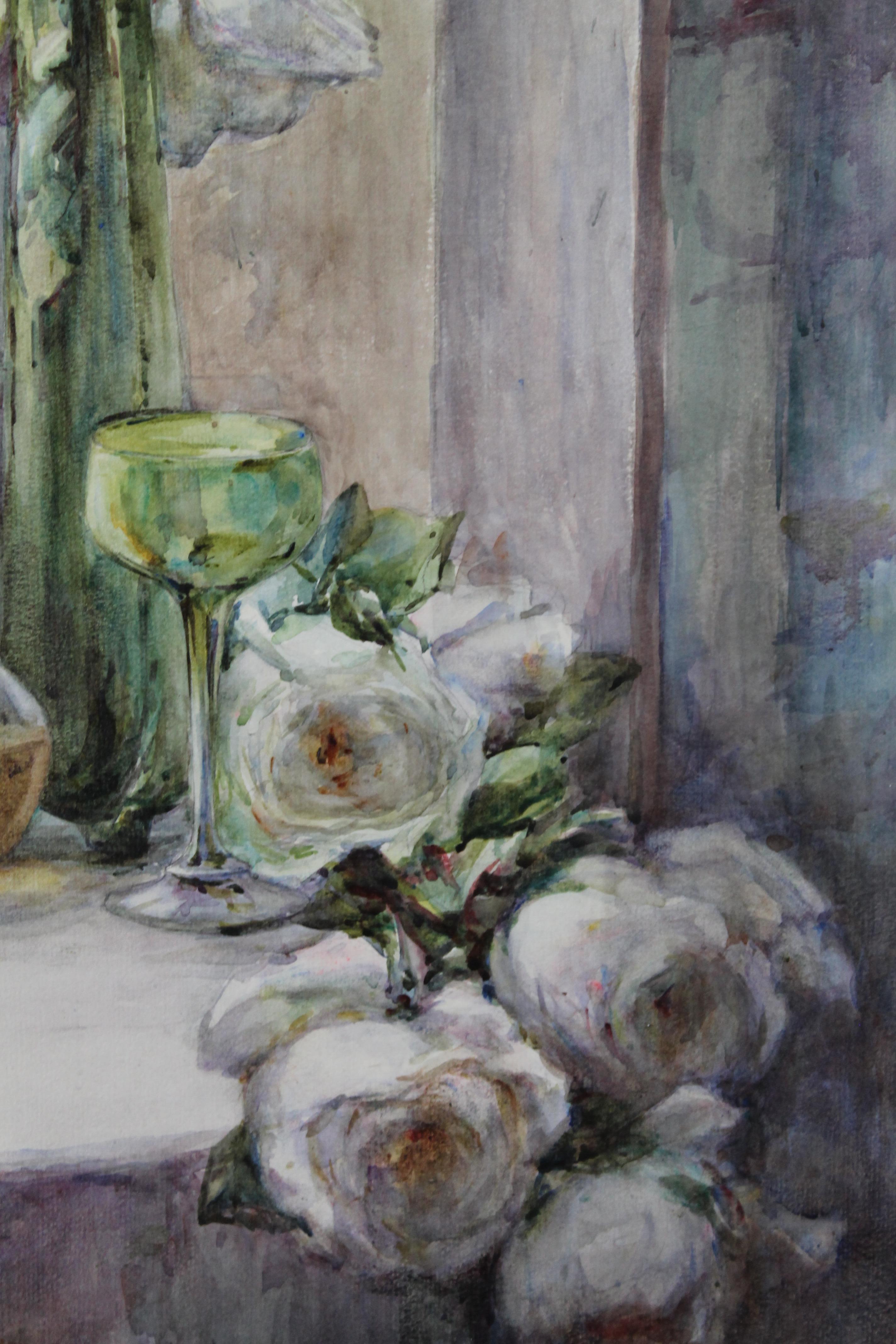 Large 1920's impressionist watercolour and gouache painting of a garden terrace - Gray Still-Life Painting by Louise Alix