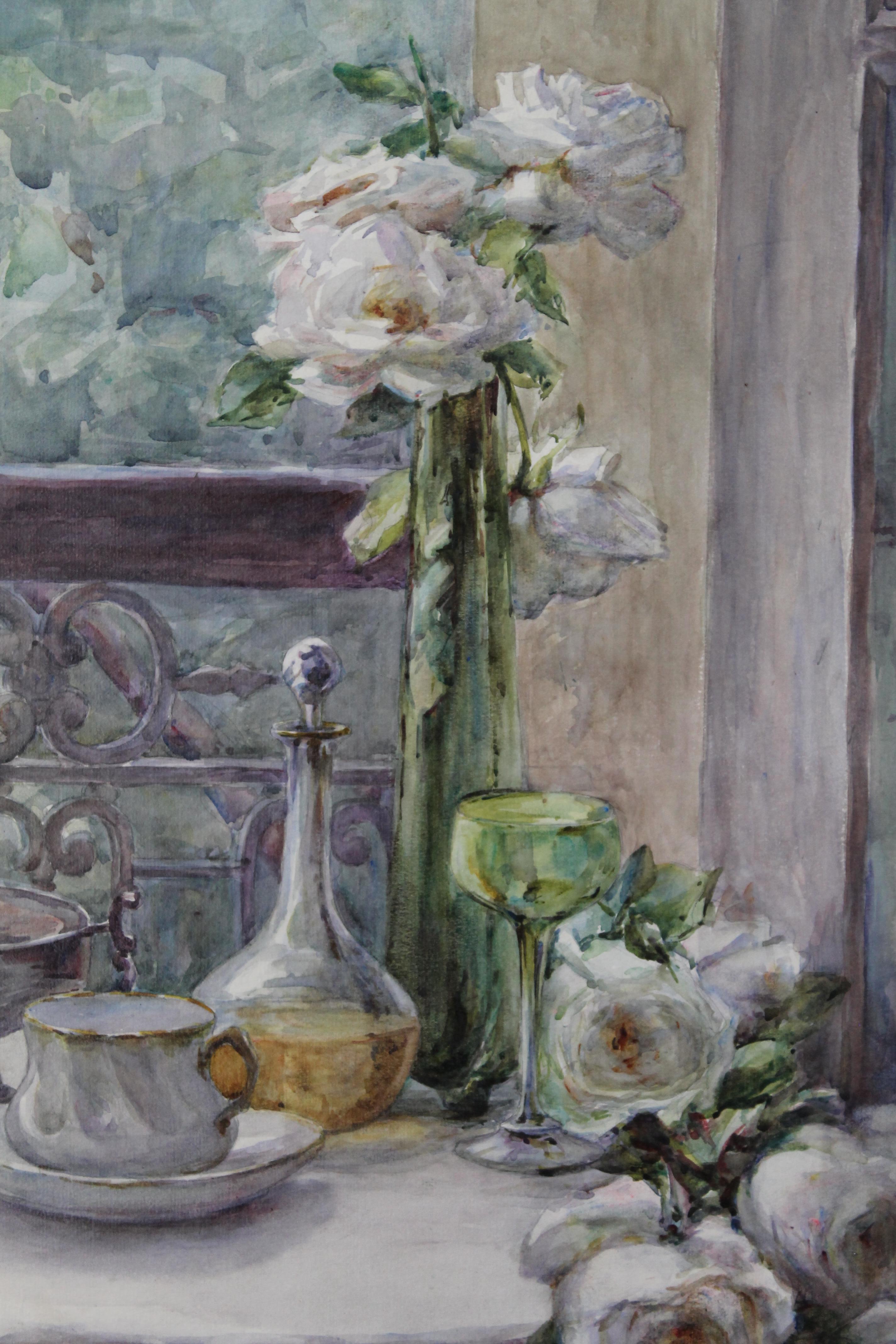 Large early 20th century watercolour/gouache painting on thick paper on wood board. This is an amazingly atmospheric painting.  The palette is primarily white, green and blue/purple.  A table is set on a railed garden terrace.  White roses, freshly