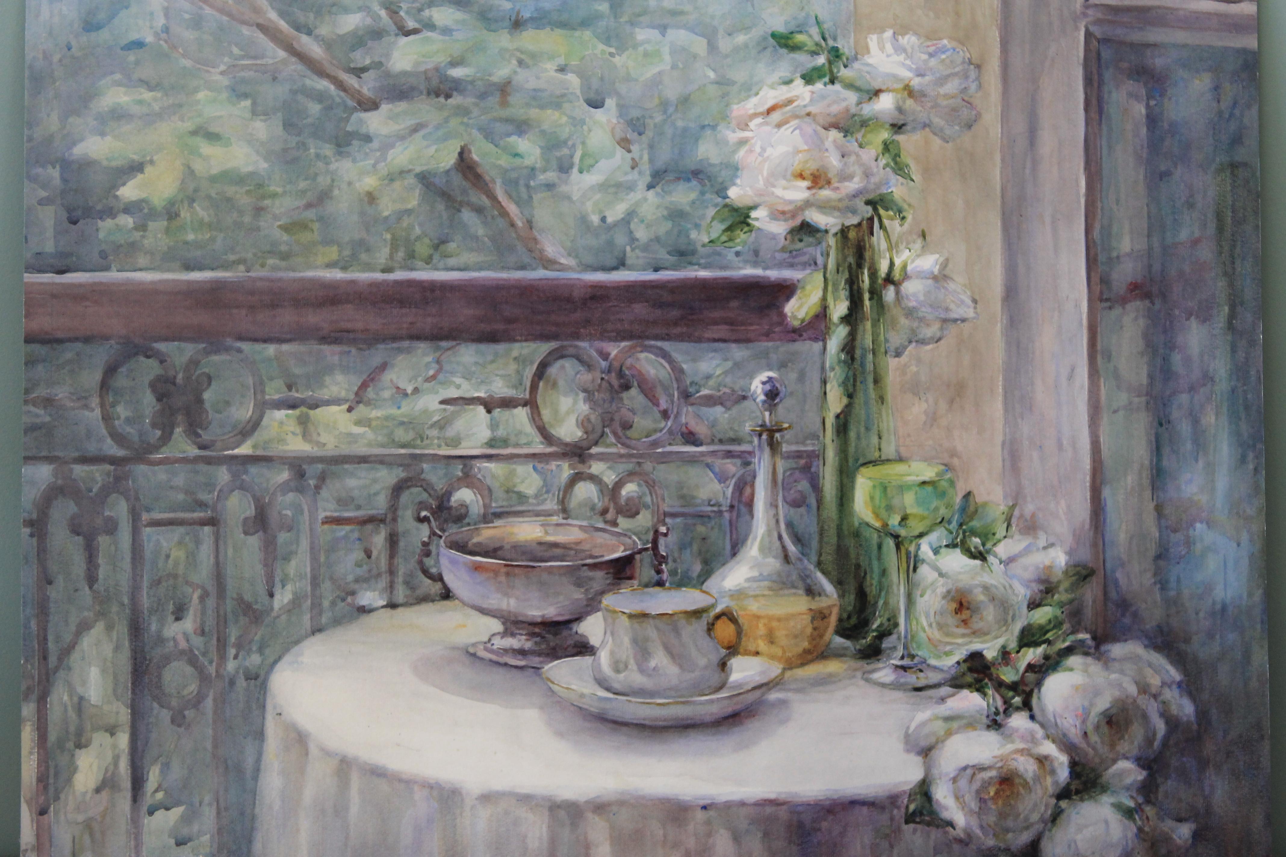 Louise Alix Still-Life Painting - Large 1920's impressionist watercolour and gouache painting of a garden terrace
