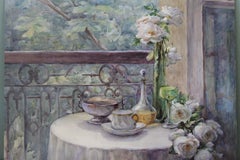Large 1920's impressionist watercolour and gouache painting of a garden terrace