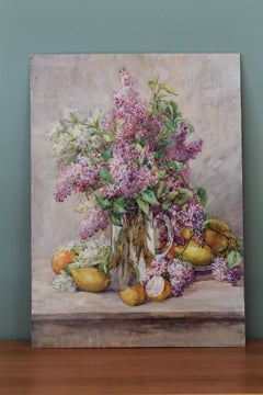 Large 1920's impressionist watercolour painting of lilacs in a vase with lemons