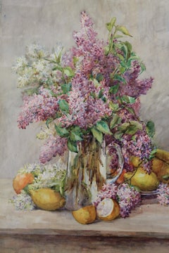Large 1920's impressionist watercolour painting of lilacs in a vase with lemons