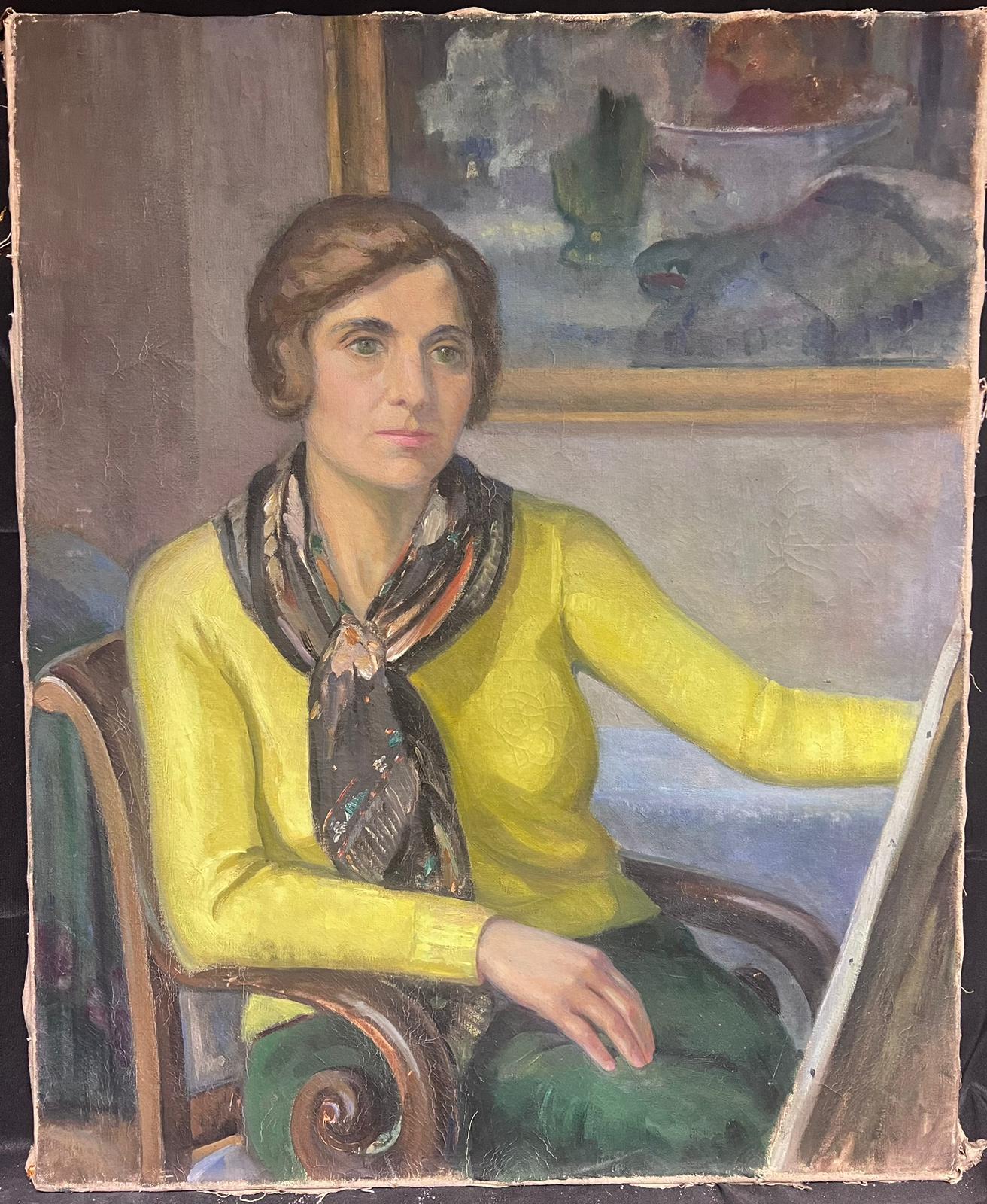 Self Portrait of the Artist at her Easel
by Louise Alix (French, 1888-1980) *see notes below
provenance stamp to the back 
oil painting on canvas , unframed
measures: 35 high by 28.5 inches wide
condition: overall very good and sound, a few scuffs