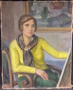 Large 1940s French Oil Painting Self Portrait of Female Parisian Artist at Easel