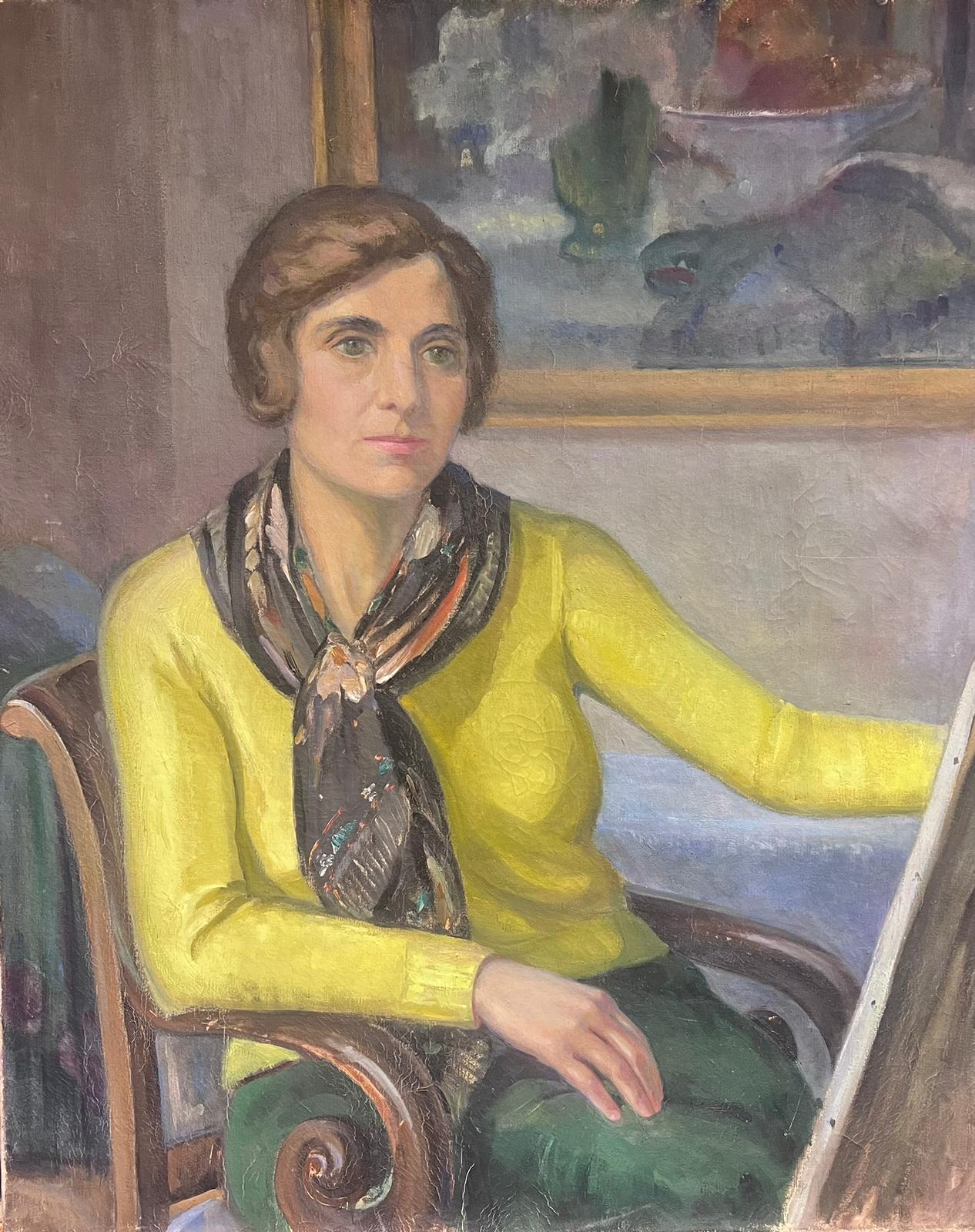 Gran óleo francés de los años 40 Autorretrato de artista parisina ante el caballete