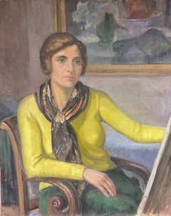 Large 1940s French Oil Painting Self Portrait of Female Parisian Artist at Easel