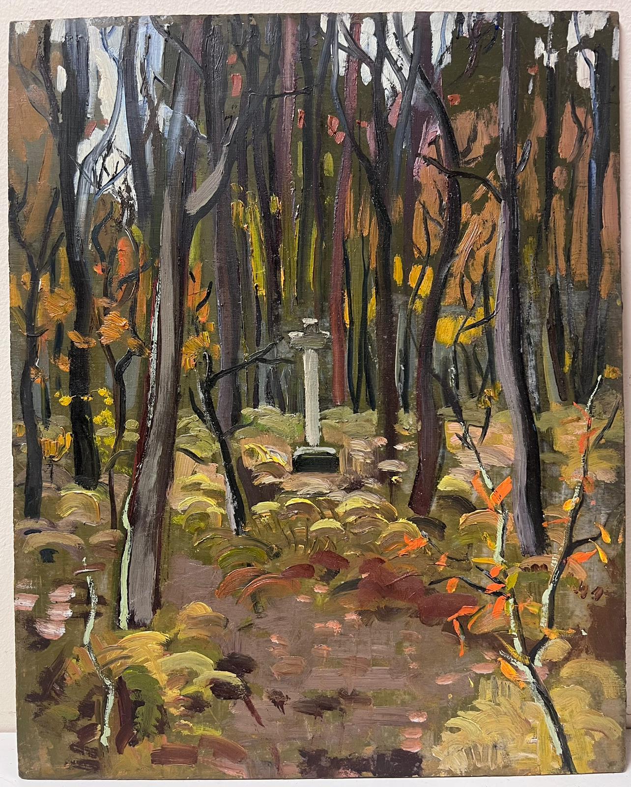 Memorial Stone Cross Woodland Clearing 1940's French Post Impressionist Oil  - Painting by Louise Alix