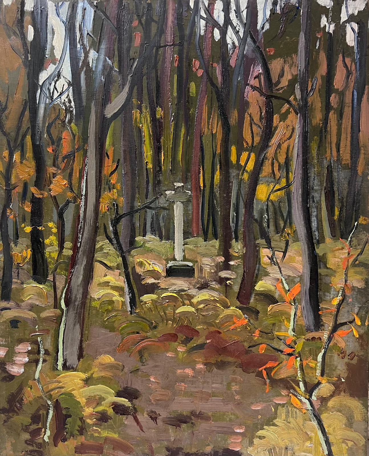 Louise Alix Landscape Painting - Memorial Stone Cross Woodland Clearing 1940's French Post Impressionist Oil 