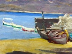 Mid 20th Century French Impressionist Oil Beached Fishing Boats Sleepy Coastal