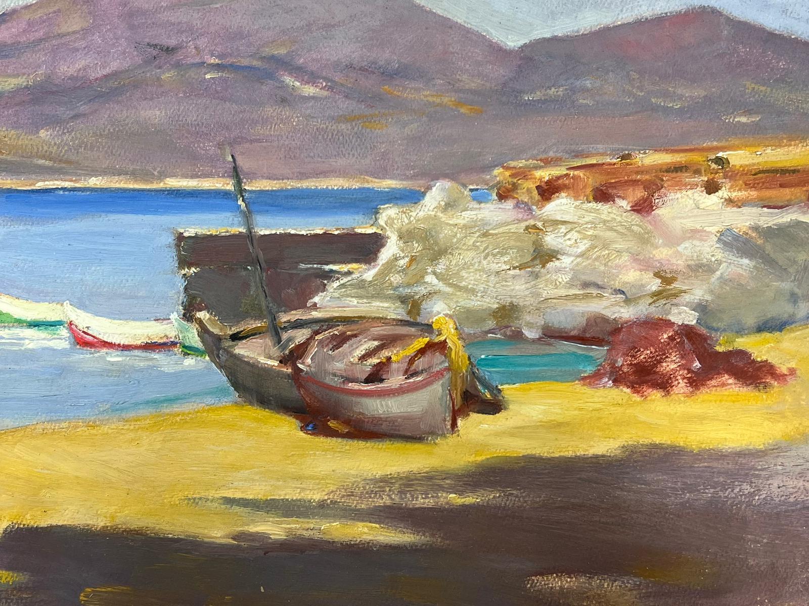 Mid 20th Century French Impressionist Oil Beached Fishing Boats Sleepy Coastal  For Sale 1