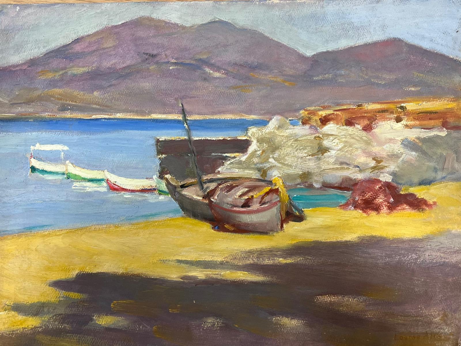 Mid 20th Century French Impressionist Oil Beached Fishing Boats Sleepy Coastal  For Sale 2