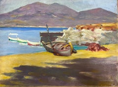 Mid 20th Century French Impressionist Oil Beached Fishing Boats Sleepy Coastal