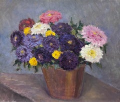 Huile impressionniste française du milieu du 20e siècle Nature morte aux fleurs Femme Artiste