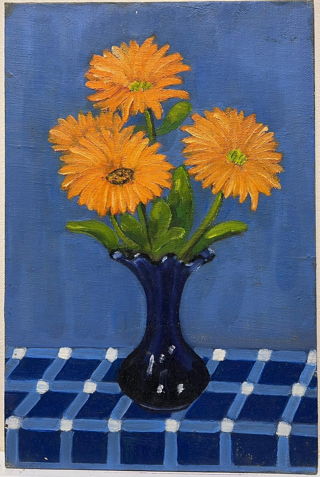Mid 20th Century French Modernist Oil Painting Orange Yellow Flowers in Vase - Blue Still-Life Painting by Louise Alix