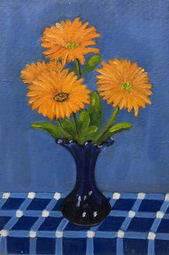 Vintage Mid 20th Century French Modernist Oil Painting Orange Yellow Flowers in Vase