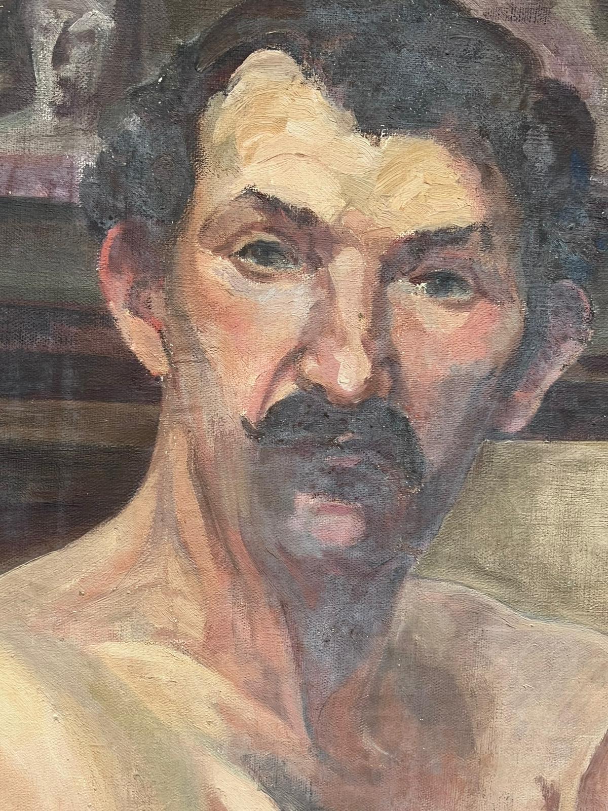 Mid 20th Century French Nude Man Folding his Arms posing for Portrait, oil paint For Sale 1