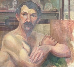 Mid 20th Century French Nude Man Folding his Arms posing for Portrait, oil paint