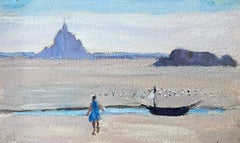 Mid 20th Century French Oil Painting Girl in Blue Dress on Sandy Beach