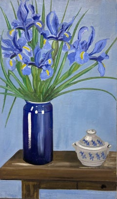 Mid 20th Century French Oil Painting Iris Flowers in Vase Still Life Interior