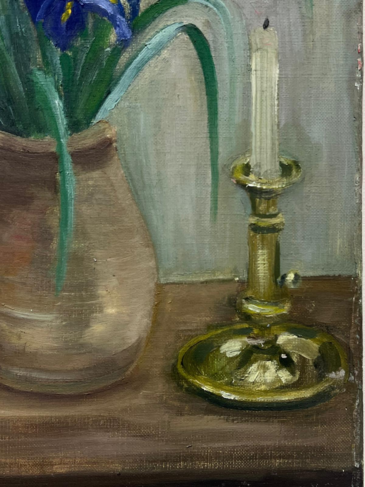 Iris Still Life
by Louise Alix (French, 1888-1980) *see notes below
provenance stamp to the back 
oil painting on canvas, unframed
measures: 18 high by 10.75 inches wide
condition: overall very good and sound, a few scuffs and marks to the surface