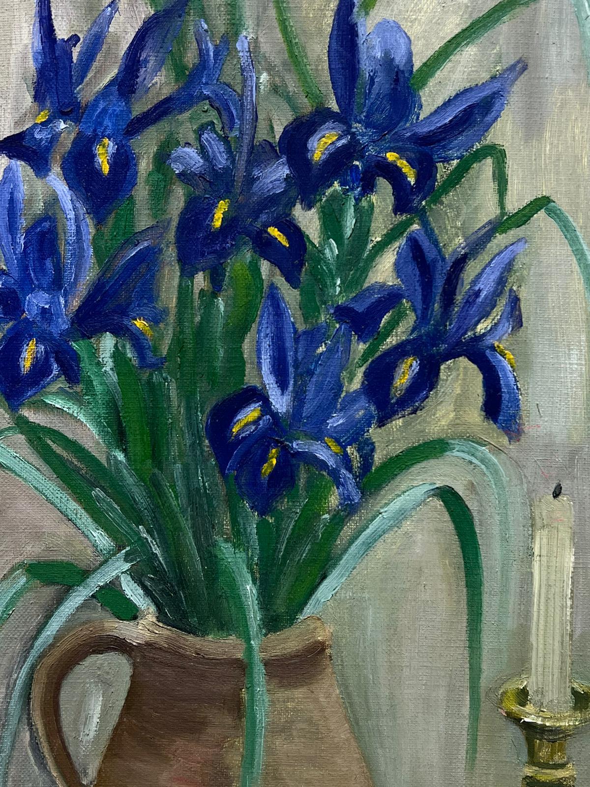 Mid 20th Century French Oil Painting Iris Flowers in Vase Still Life Interior For Sale 1