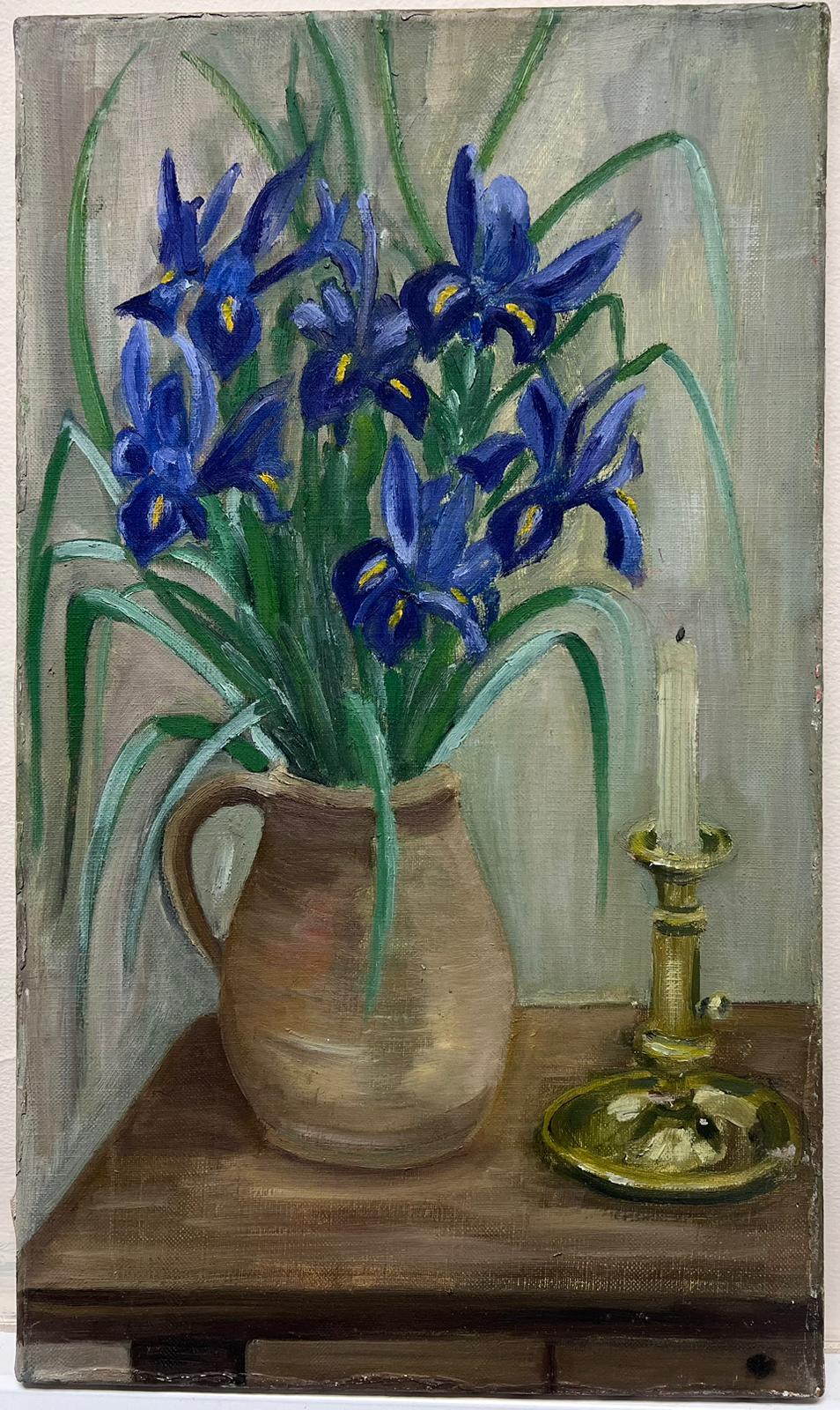 Mid 20th Century French Oil Painting Iris Flowers in Vase Still Life Interior For Sale 2