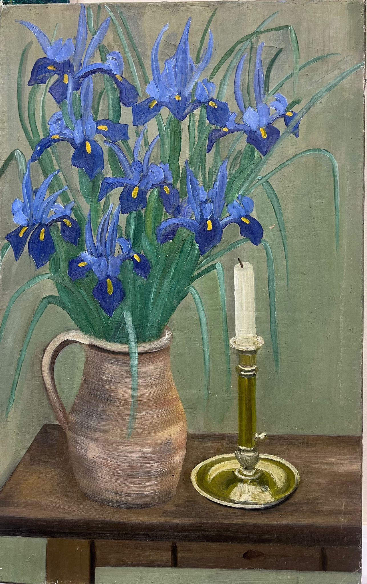 Irises
by Louise Alix (French, 1888-1980) *see notes below
provenance stamp to the back  
oil painting on canvas, unframed
measures: 24 high by 15 inches wide
condition: overall very good and sound, a few scuffs and marks to the surface and wear to