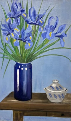 Mid 20th Century French Oil Painting Iris Flowers in Vase Still Life Interior