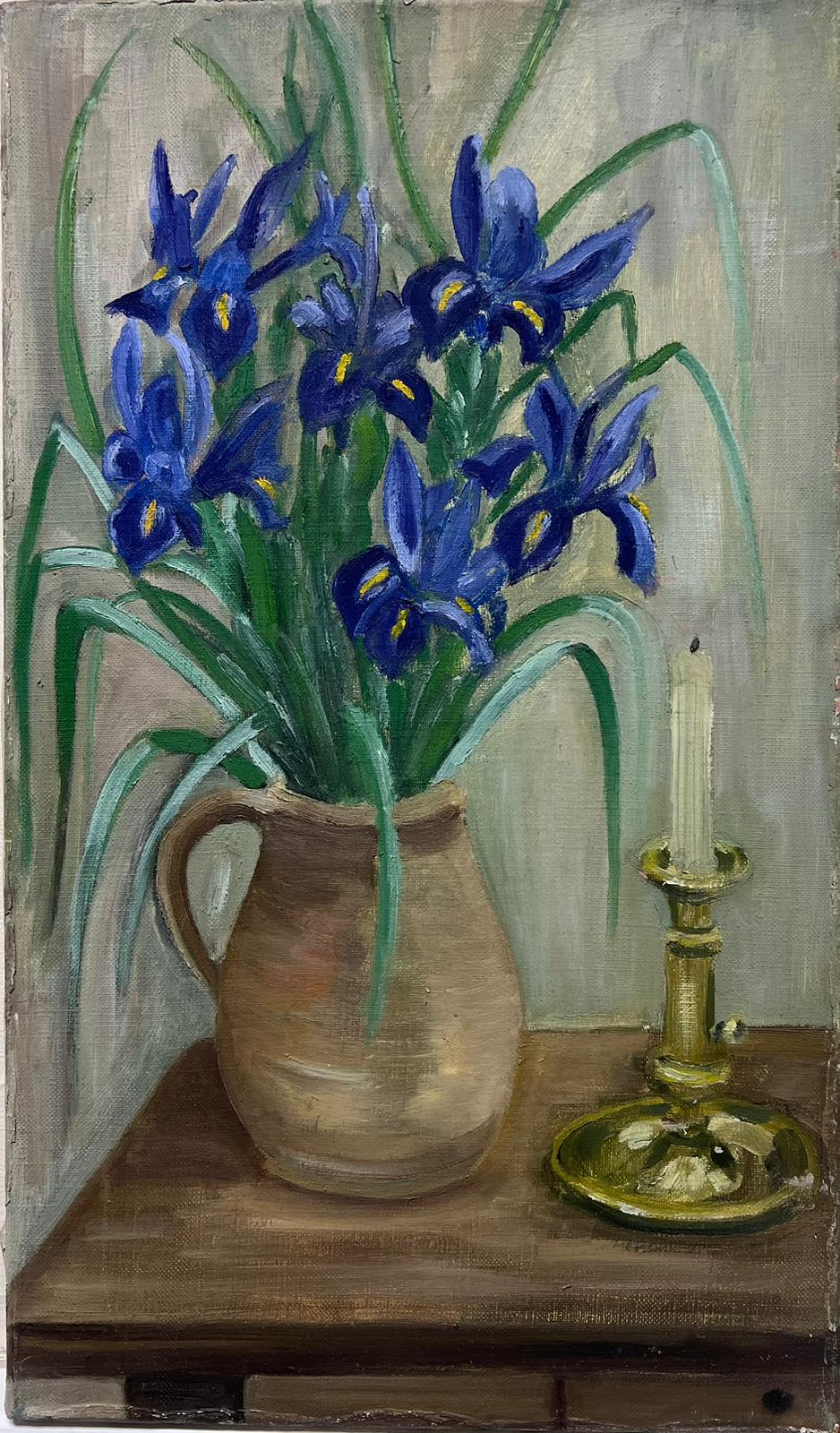 Louise Alix Still-Life Painting - Mid 20th Century French Oil Painting Iris Flowers in Vase Still Life Interior
