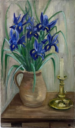 Peinture à l'huile française du milieu du 20e siècle Nature morte aux fleurs d'iris dans un vase Intérieur