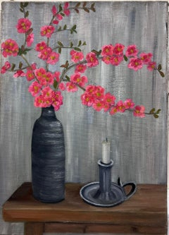 Mid 20th Century French Oil Painting Pink Stem Flower Interior Candle Stick