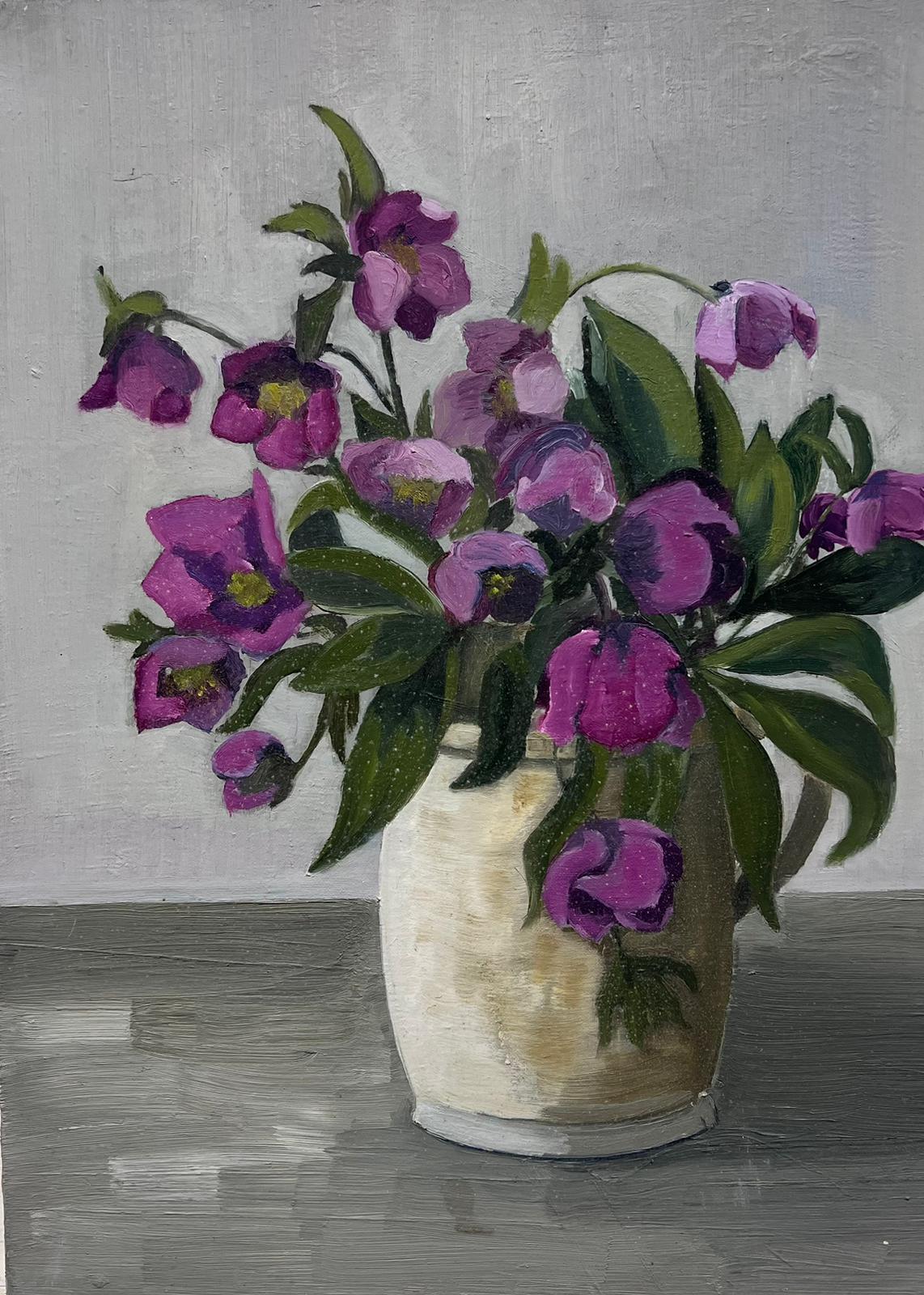 Purple African Violets
by Louise Alix (French, 1888-1980) *see notes below
provenance stamp to the back 
oil painting on canvas, unframed
measures: 18 high by 13 inches wide
condition: overall very good and sound, a few scuffs and marks to the