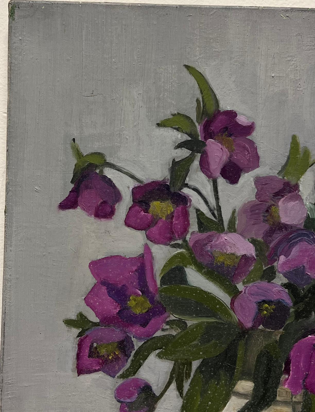 Mid 20th Century French Oil Painting Purple African Violets In Plant Pot For Sale 1
