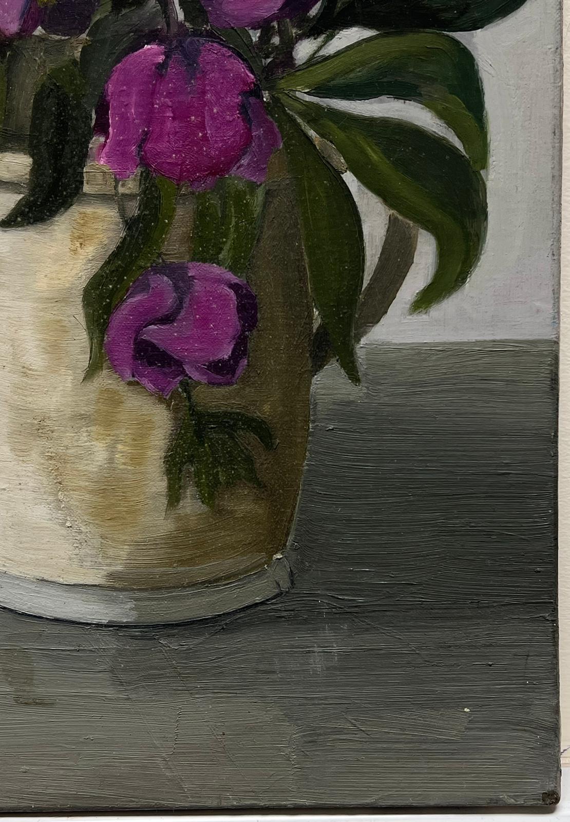 Mid 20th Century French Oil Painting Purple African Violets In Plant Pot For Sale 2