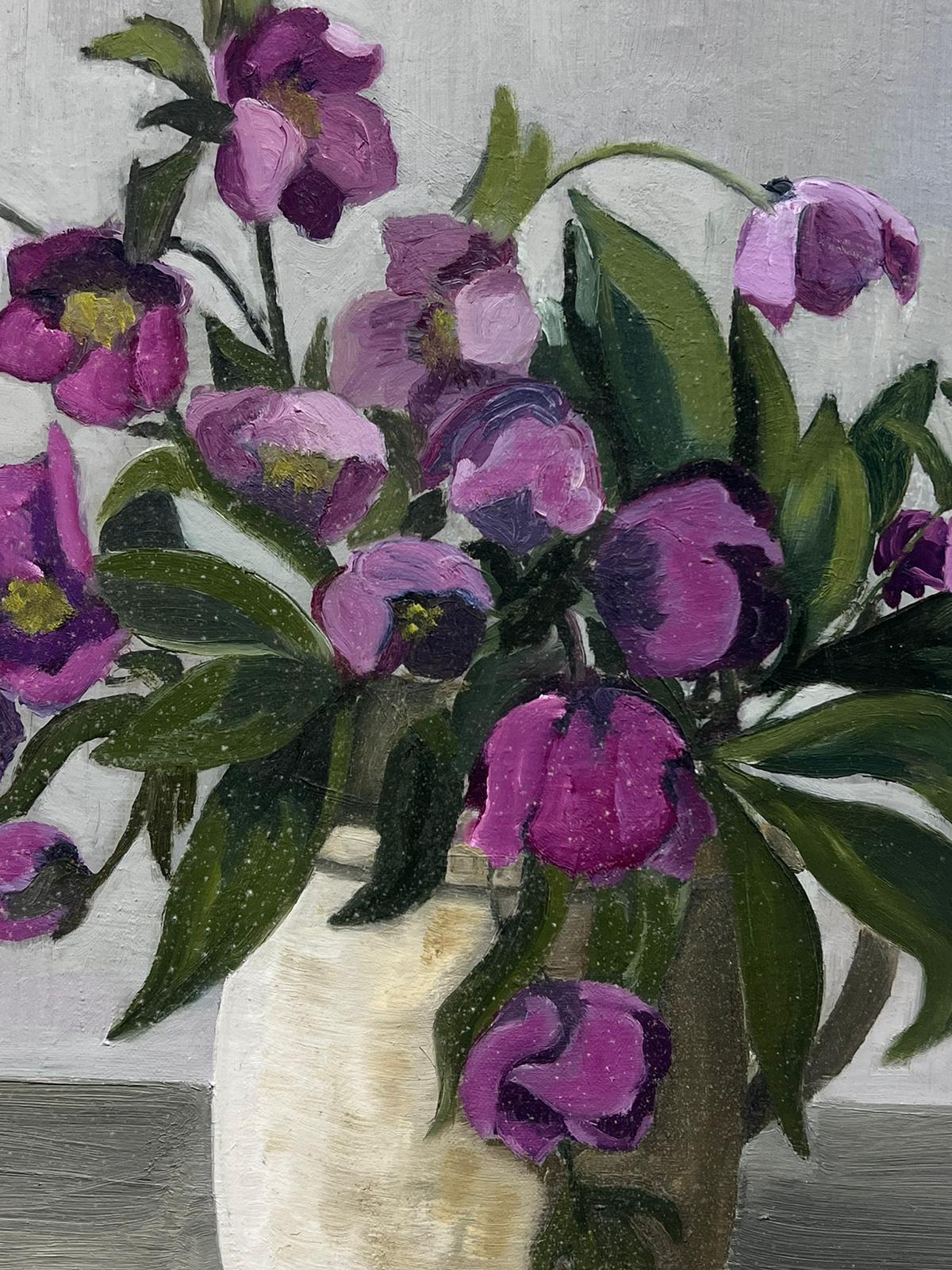 Mid 20th Century French Oil Painting Purple African Violets In Plant Pot For Sale 3