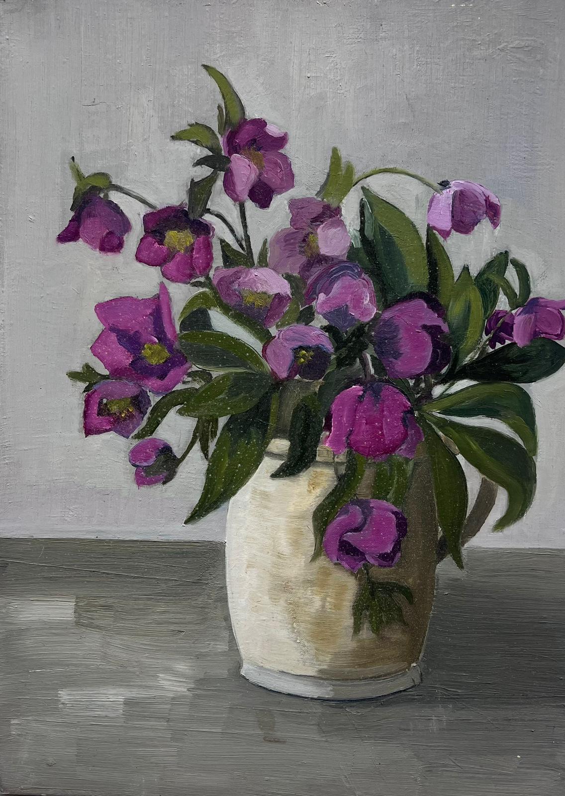 Louise Alix Still-Life Painting - Mid 20th Century French Oil Painting Purple African Violets In Plant Pot