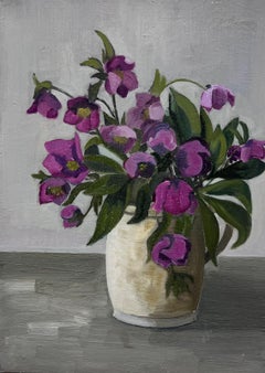 Mid 20th Century French Oil Painting Purple African Violets In Plant Pot