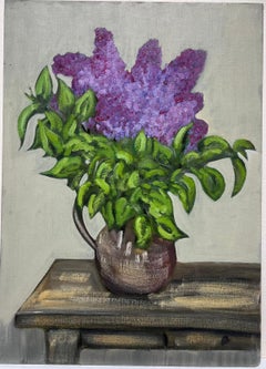 Mid 20th Century French Oil Painting Purple Syringa Vulgaris Flowers Still Life