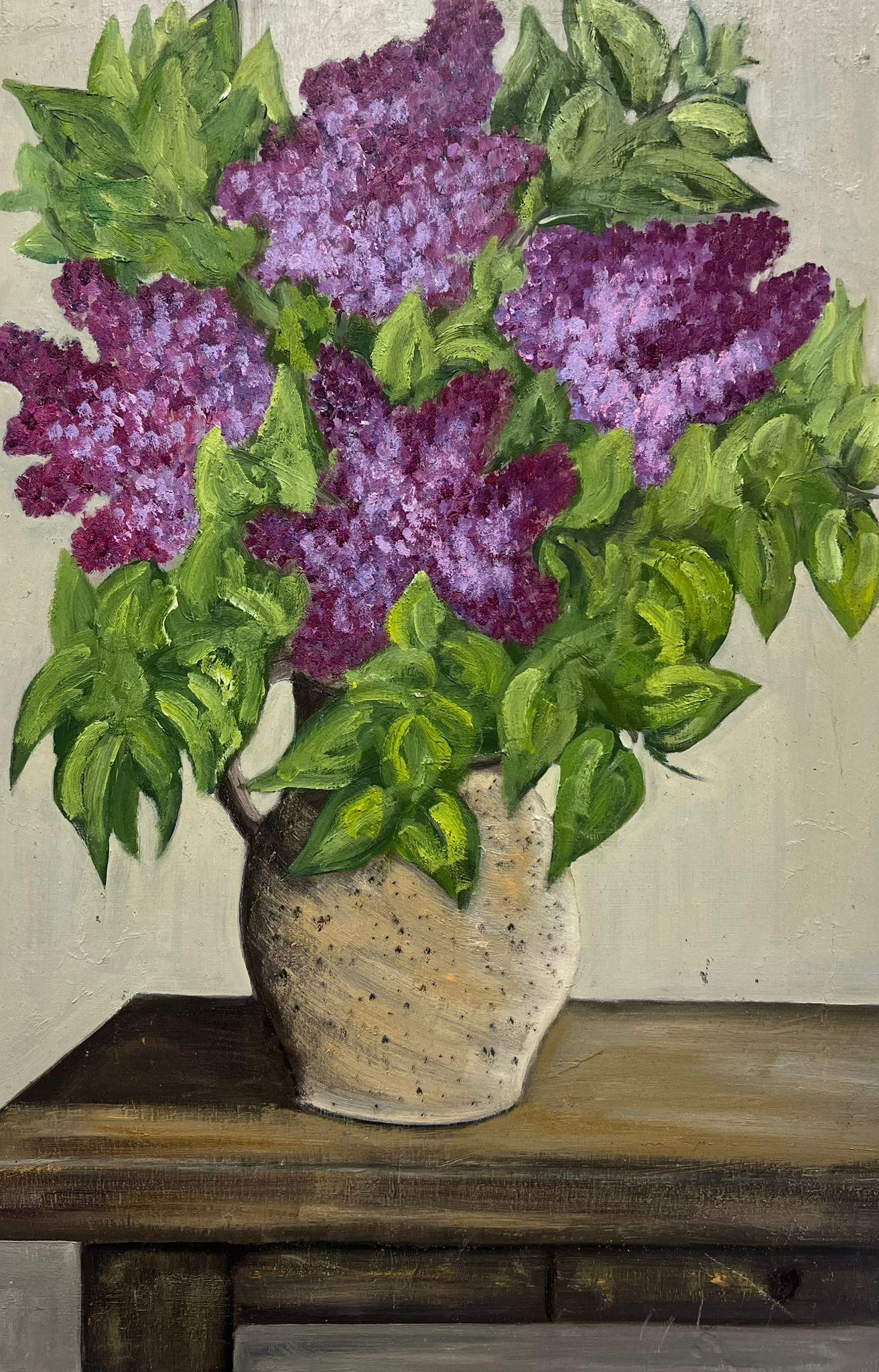 Mid 20th Century French Oil Painting Purple Syringa Vulgaris Flowers Still Life - Gray Still-Life Painting by Louise Alix