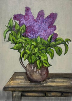 Mid 20th Century French Oil Painting Purple Syringa Vulgaris Flowers Still Life