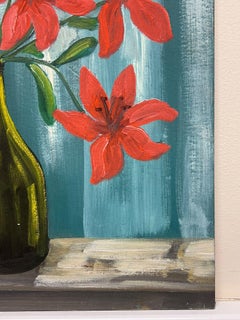 Mid 20th Century French Oil Painting Red Lilies In Green Glass Bottle Interior