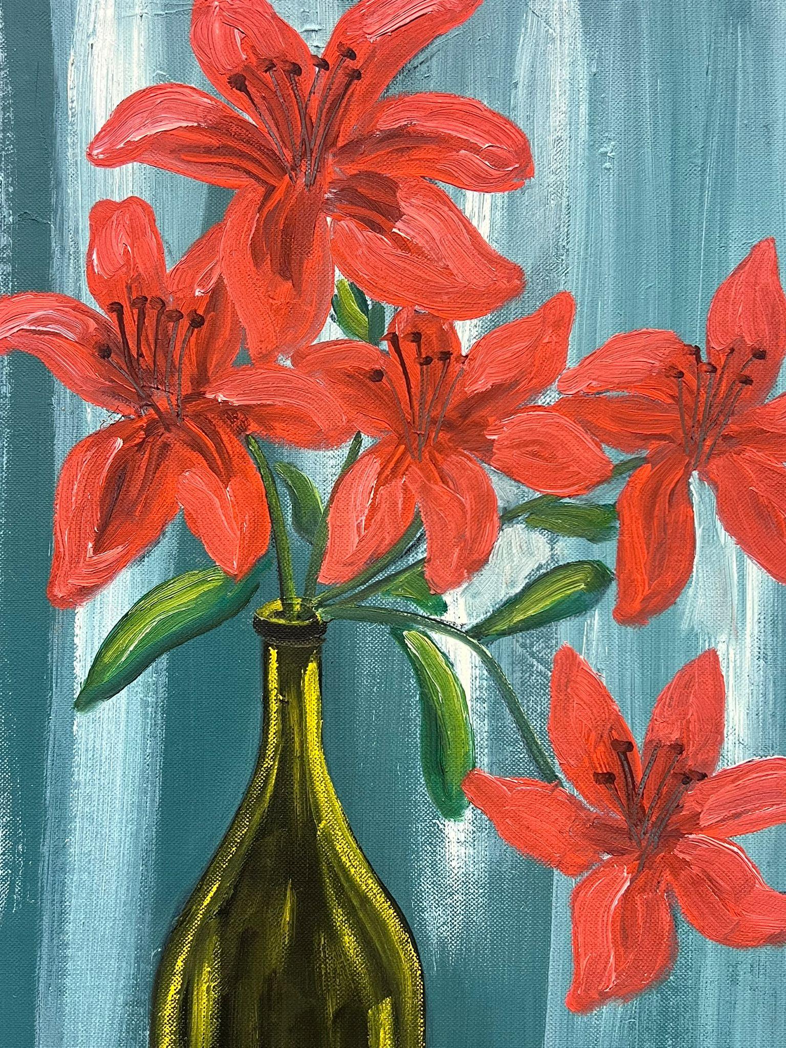 Red Lilies
by Louise Alix (French, 1888-1980) *see notes below
provenance stamp to the back 
oil painting on board, unframed
measures: 18 high by 13 inches wide
condition: overall very good and sound, a few scuffs and marks to the surface and wear