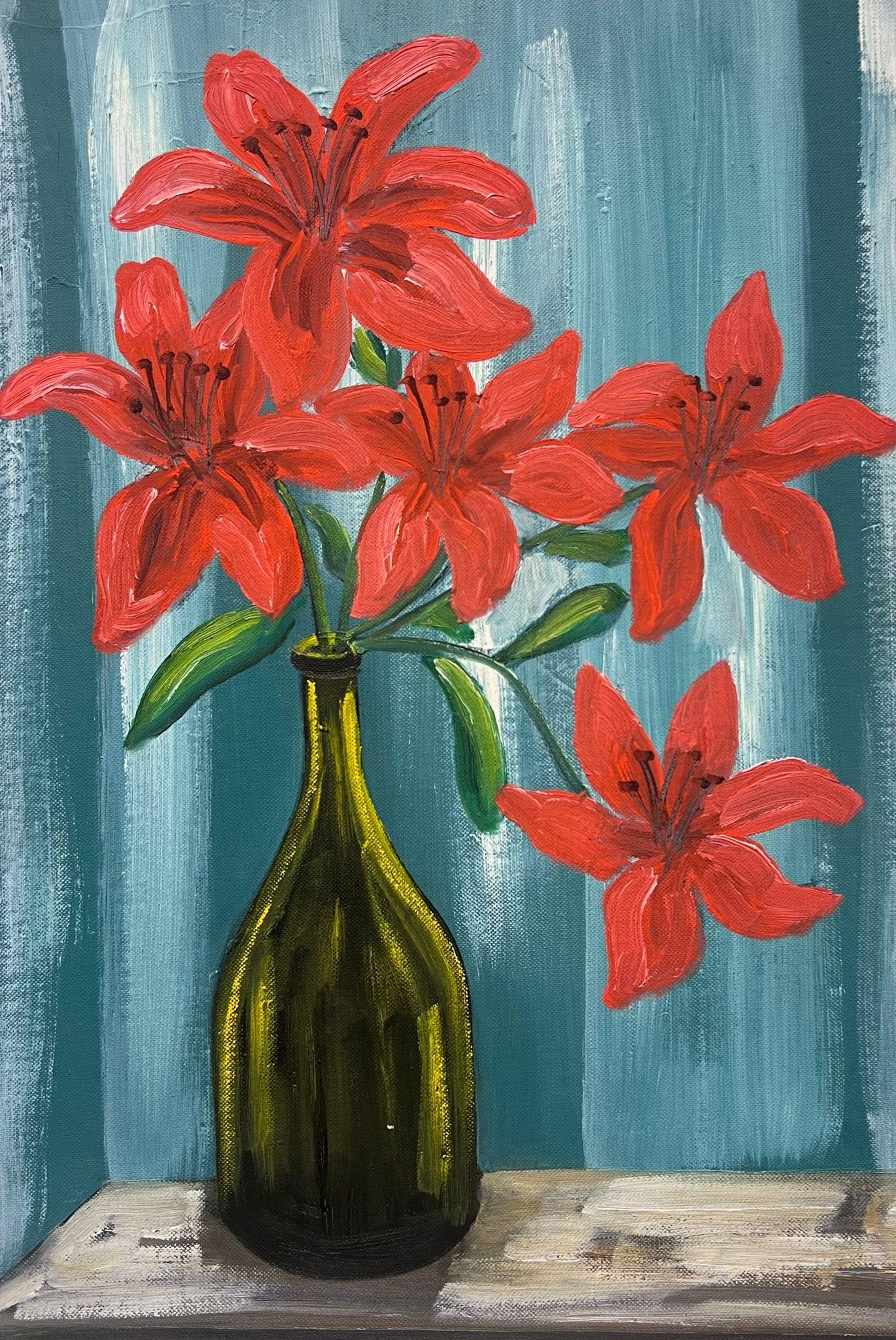 Mid 20th Century French Oil Painting Red Lilies In Green Glass Bottle Interior  For Sale 2