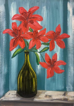 Retro Mid 20th Century French Oil Painting Red Lilies In Green Glass Bottle Interior 