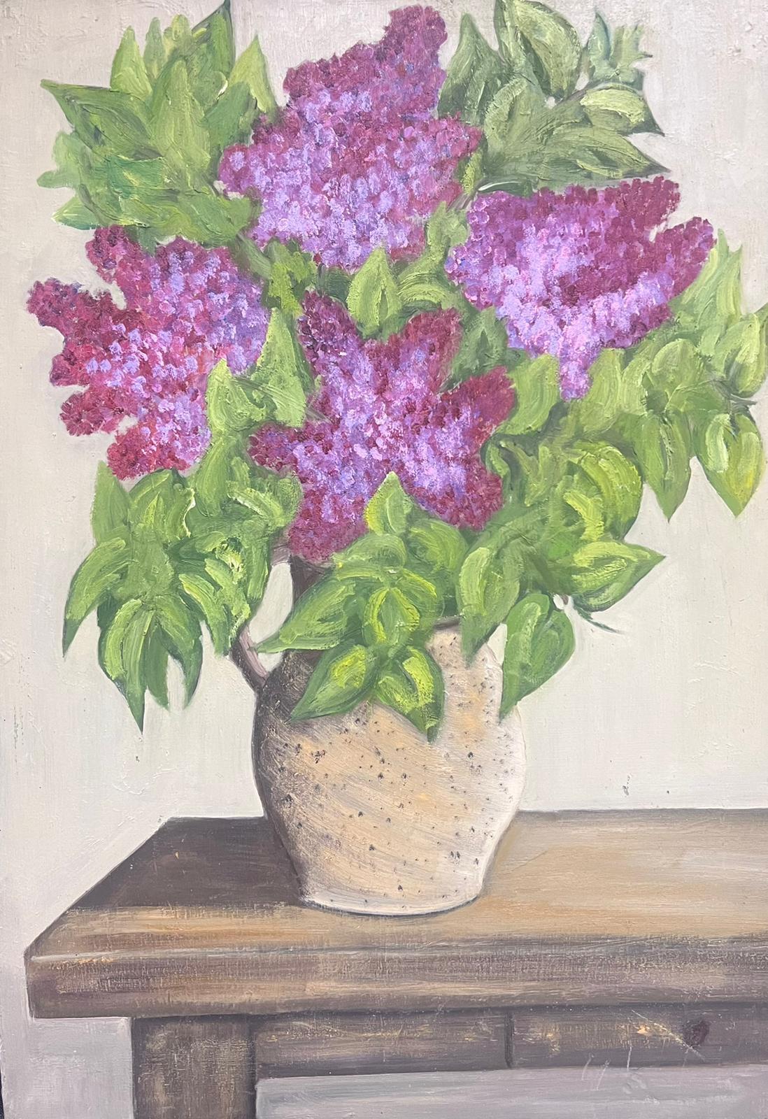 Mid 20th Century French Oil Painting Syringa Vulgaris Flowers in Vase Still Life