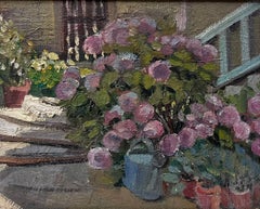 Mid 20th Century French Oil Painting The Cottage Garden Flowers by Steps & Pots